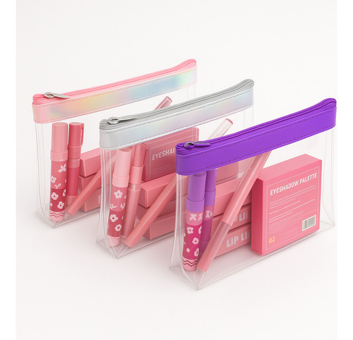 3 Cosmetiquera Impermeable Neceseres Maquillaje Transparente Negro Lisa