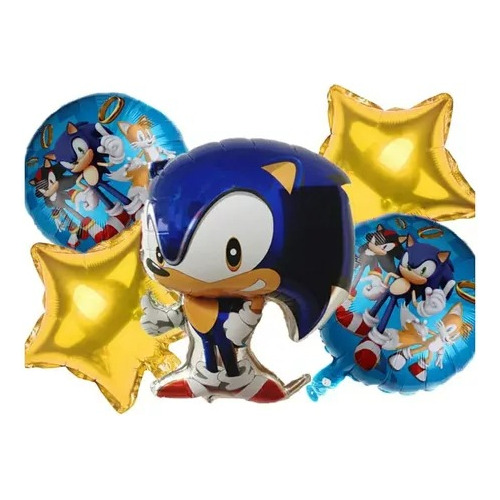 Set 5 Globos Metalizados Sonic Metalizado Cumpleaños