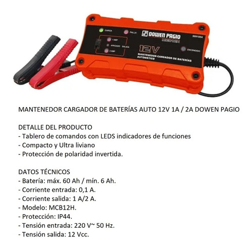 Imagen 2 de 4 de Mantenedor Cargador De Baterias Auto 12v 1a / 2a Dowen Pagio