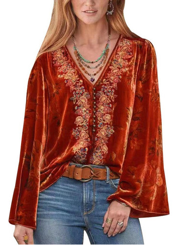 Camisa Roja Bohemia De Mujer Con Mangas De Campana