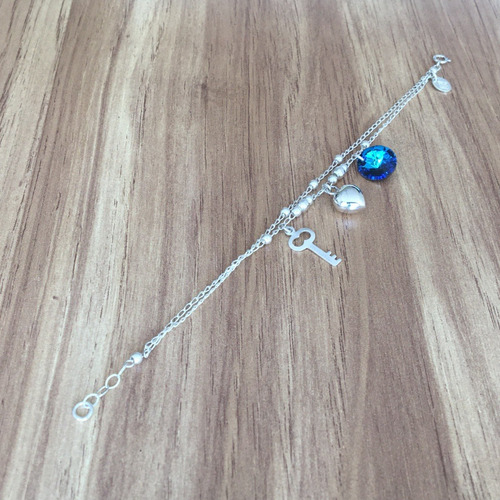 Imagen 5 de 10 de Pulsera De Plata 925 Con Dijes De Corazón, Llave Y Swarovski