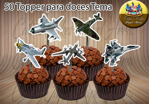 Avião Caça Guerra Aviação 50 Topper Tags Apliques P/ Doce M4