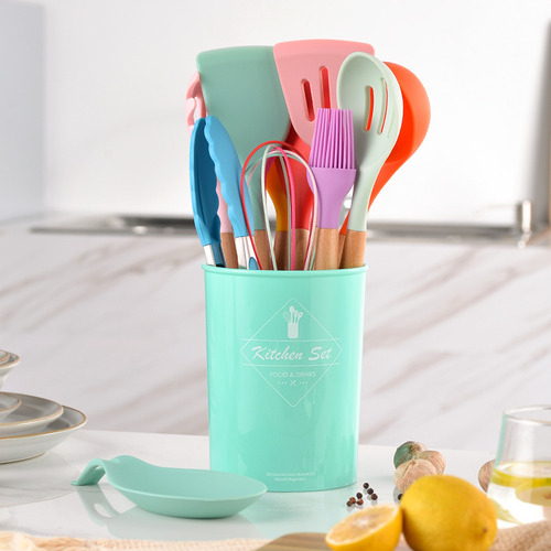 Set De Utensilios De Cocina Shovel Green Light Wood Silicone