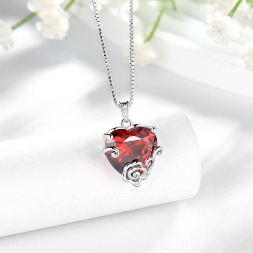 Collar Corazón Para Mujer 925 Plata Corazón Dije Y Circón Color Rojo Granate - Enero