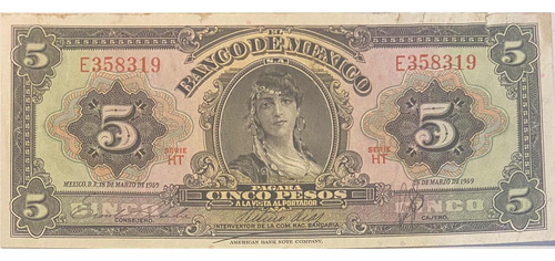 Billete Antiguo De Mexico. 5 Pesos. Usado. 1959.