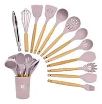 Comprar Set Kit X12 Utensilios Cocina Mango Madera Punta Silicona