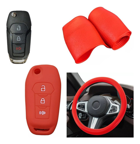 Cubre Volante + Funda Llave Silicona Ford Ka Nuevo - Rojo