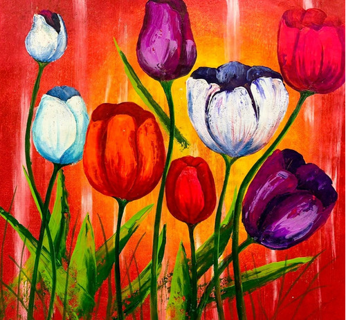 Cuadro Pintura Oleo Arte A Mano Moderno Flor Tulipan Canva