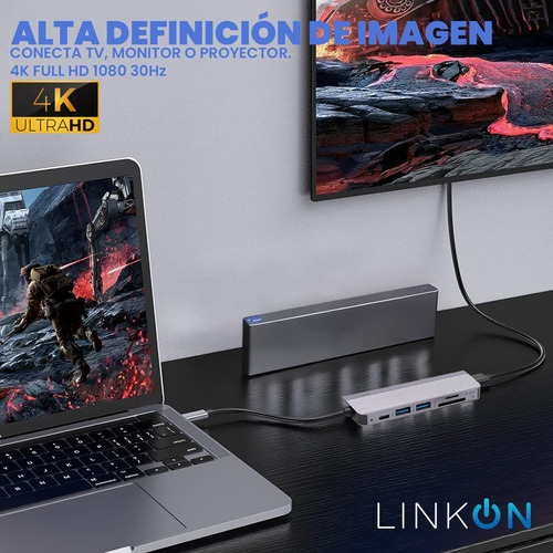 Hub Adaptador Usb Tipo C 6 En 1 Para Mac Macbook Windows Gris Claro