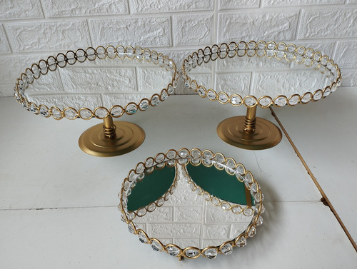 Kit 3 Bandejas Pedrarias + Espelhos Cor Dourado Com Pedras