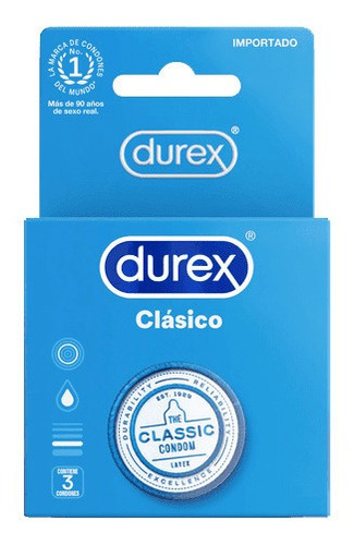 Durex Clásico Caja 3 Condones Preservativos Látex Lubricados