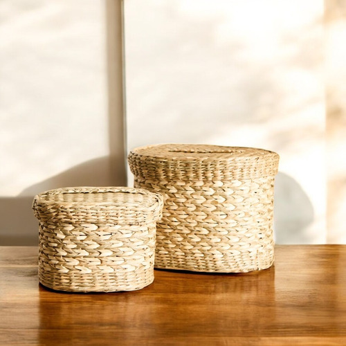 Cesto Con Tapa Circular De Seagrass Fibras Natural Set X2 Seagrass Natural