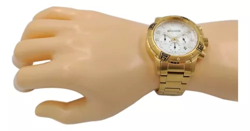 Relógio MAGNUM masculino cronógrafo dourado couro MA34147P - aconfianca