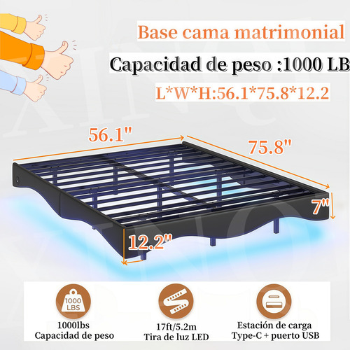 Base Cama Matrimonial Size Flotante Con Luces Led Ajustables