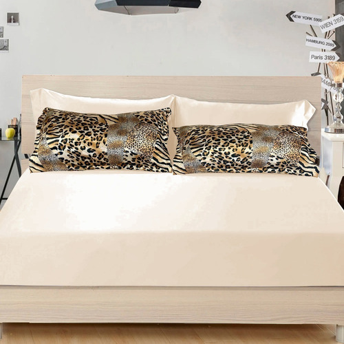 Roupa De Cama Cetim Queen 3 Peças Fronha Animal Print Onça