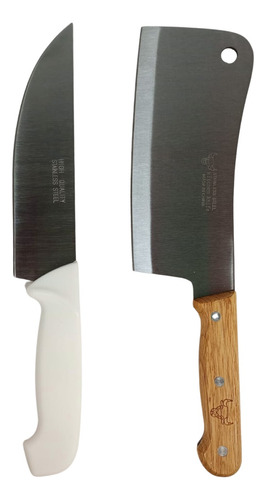 Combo Cuchillo + Hachuela De Cocina De Acero Inoxidable Full Color Blanco y Madera