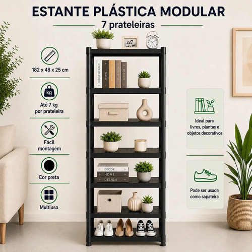 Estante Plástica Modular Multiuso Preta 7 Prateleiras Organizadora Para Livros Plantas Objetos Decorativos