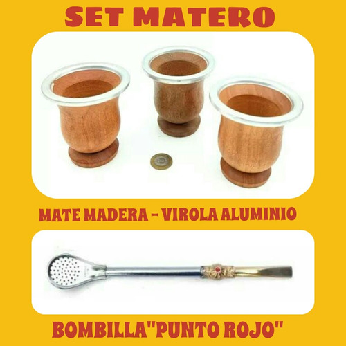 Set Matero!mate Argentino Madera-virola+bombilla Punto Rojo 