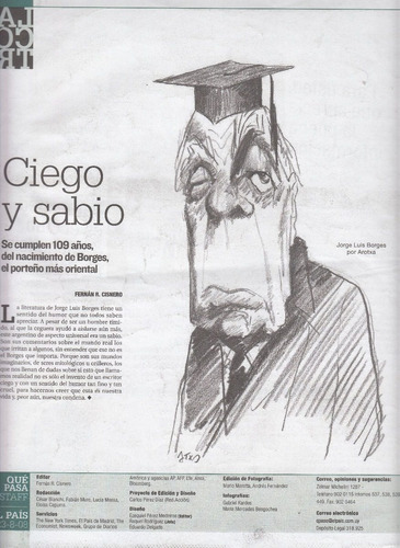 2008 Caricatura Jorge Luis Borges X Arotxa Uruguay Que Pasa