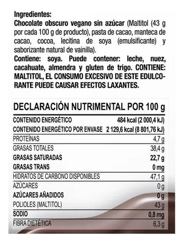 Chocolate Oscuro Sin AzĂșcar Picard Choco Zero 440g 50pz