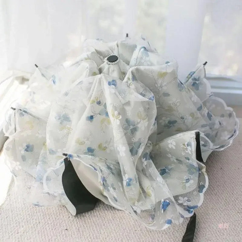 Guarda-chuva Dobrável Com Bordado Floral De Renda De Dupla C