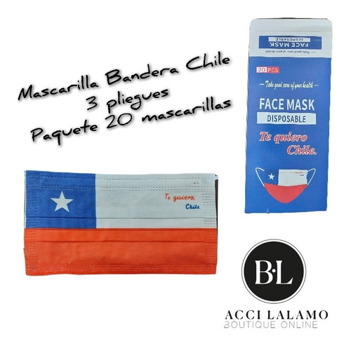 Mascarillas Bandera Chile, 3 Pliegues, Caja 20 Mascarillas