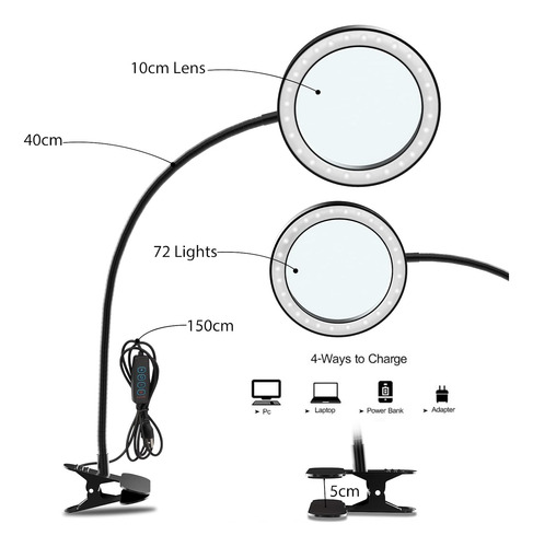Lámpara De Vidrio De Lupa 10x Con Luz, Luz De Lupa Con Clip,
