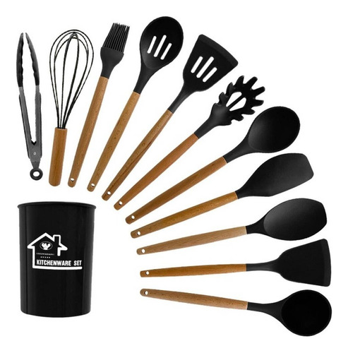 Juego 12 Utensilios De Silicona Mango Madera Cocina 