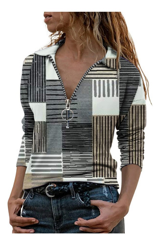 D Women's Printed Blouse Long Sleeve With Zipper Turned P