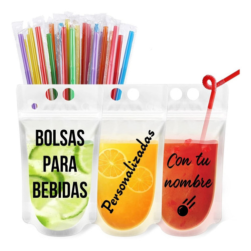 10 Bolsas Para Bebidas Personalizadas 500ml Drinkbags Pajita