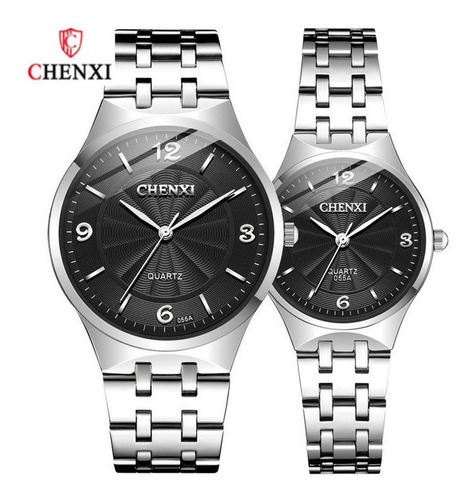 Reloj de cuarzo simple Chenxi CX-055a para parejas, 2 piezas, color de fondo plateado y negro