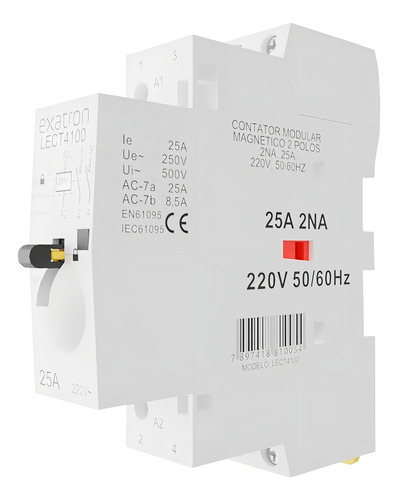 Contator Modular Bipolar Chave 25a 2na 2 Polos 2p Contatora Exatron LECT4100 Trilho DIN35 NA