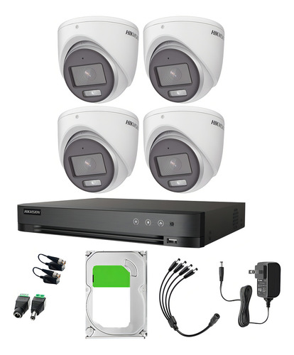 Hikvision Kit De 4 Cámaras De Seguridad Metálicas Con Micrófono Integrado Turret 3k 5mp Imagen A Color 24/7 Exterior Ip67 + Dvr 8mp 4 Canales Turbohd + 4 Canales Ip + 1tb Hdd Ids2ce70kf0t-plus-sc+1tb