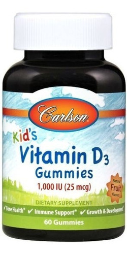 Carlson Labs Kid's Vitamina D3 1000 Ui, 60 Gomitas Sabor Frutas