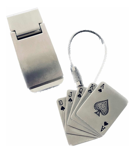 Clip Para Billetes + Llavero De Acero Inox. Cartas Poker