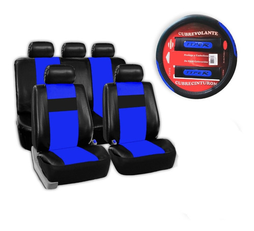 Kit Funda Asientos Volante Cinturones Auto Eco Cuero Azul