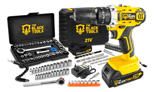 Furadeira Parafusadeira De Impacto 2 Baterias 21v 3/8 Tb-21pkx Com Jogo De Soquetes 40 Peças The Black Tools