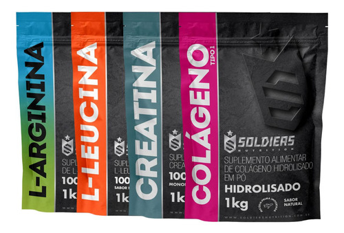 Kit Arginina Leucina Creatina Colágeno 1kg 100% Puro Soldiers Nutrition