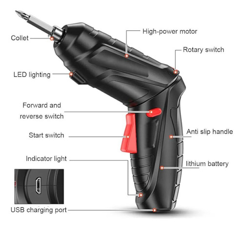Destornillador Eléctrico Inalámbrico Recargable Luz 42 Pzas Naranja/negro 60 Hz