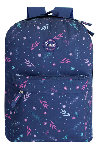 Mochila Escolar Alças Rabisk Flores Folhas Juvenil Feminina Cor Azul-marinho Desenho do tecido Flores e Folhas