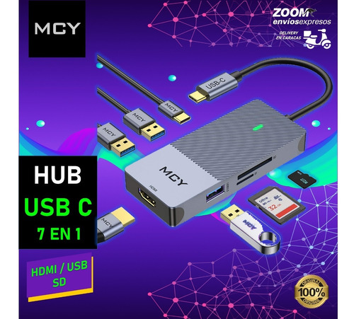 Hub Adaptador Usb C Multipuerto 7 En 1 Hdmi Usb Sd Micro Sd