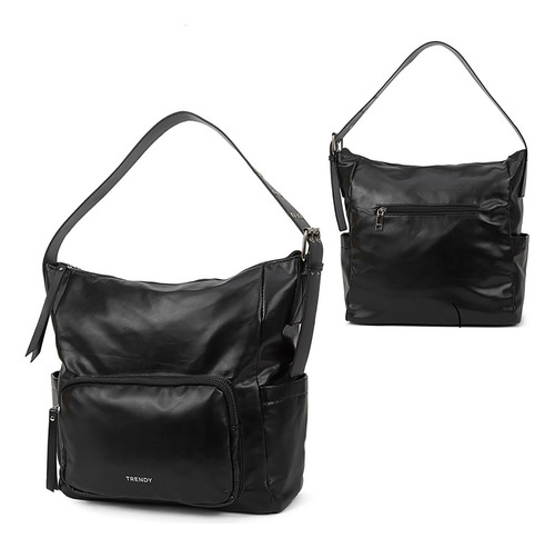 Cartera Trendy Mujer Negra Cuero Pu Moderna Y Espaciosa Acabado De Los Herrajes Níquel Color Negro Correa De Hombro Negro Diseño De La Tela Lisa
