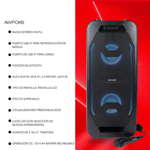 Parlante Portátil Karaoke Pedestal Aiwa Aw-pok6 - Vc Color Negro