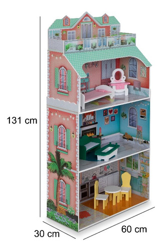 Casita De Muñecas De Madera Comedor, Sala, Cama Ba Rosa