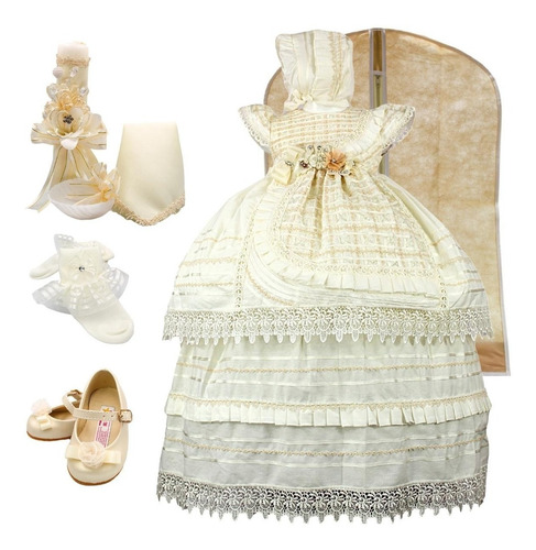 Vestido Bautizo Niña + Kit De Vela + Zapatos + Calcetas + 