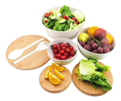 Juego De 3 Cuencos De Ensalada Con Tapa Y Utensilios De Serv