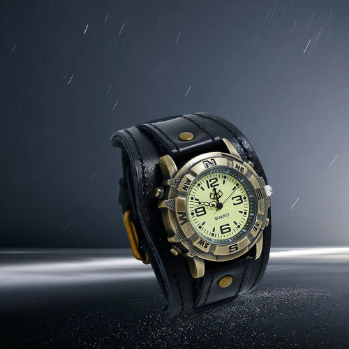 2pcs Wrkwatch Masculino Reloj Reloj Cuero Punk Vintage