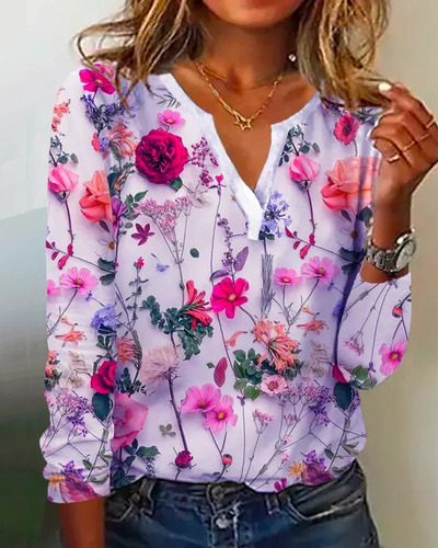 Polera De Mujer Floral De Manga Larga Y Escote En V