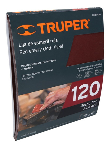 Lija De Esmeril Roja, Grano 120 11643 Truper  Pack 5 Hojas