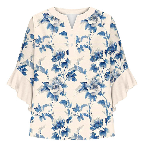 Estampado Casual Casual Con Botones Y Cuello En V Con Manga
